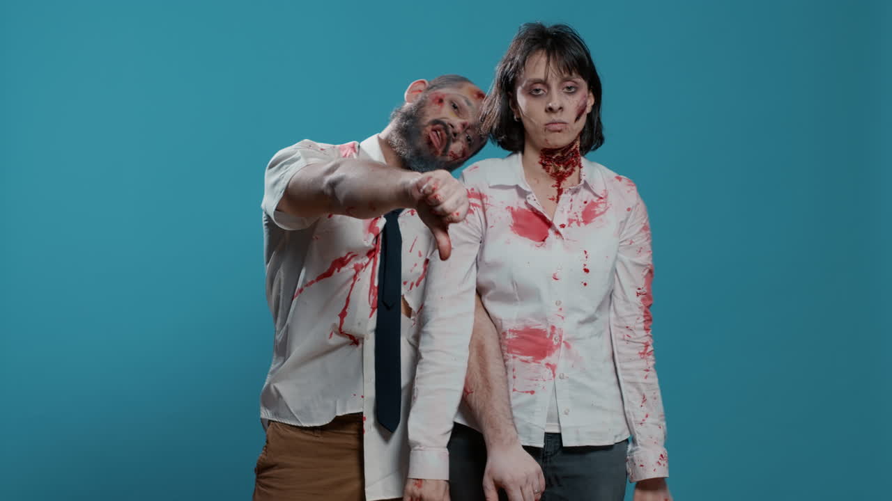 Disapproving horror looking monsters acting bizarre while giving thumbs down at camera