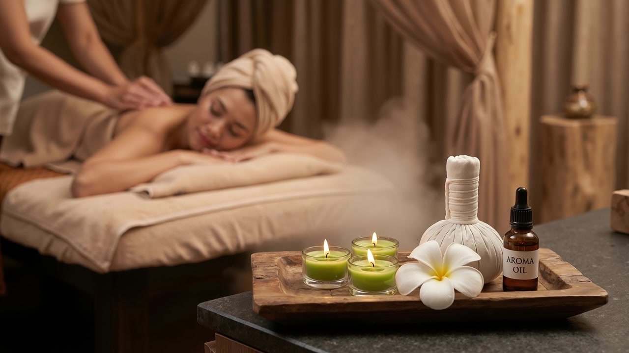 Ung kvinde modtager en foryngende rygmassage i et luksusspa med æteriske olier og stearinlys.