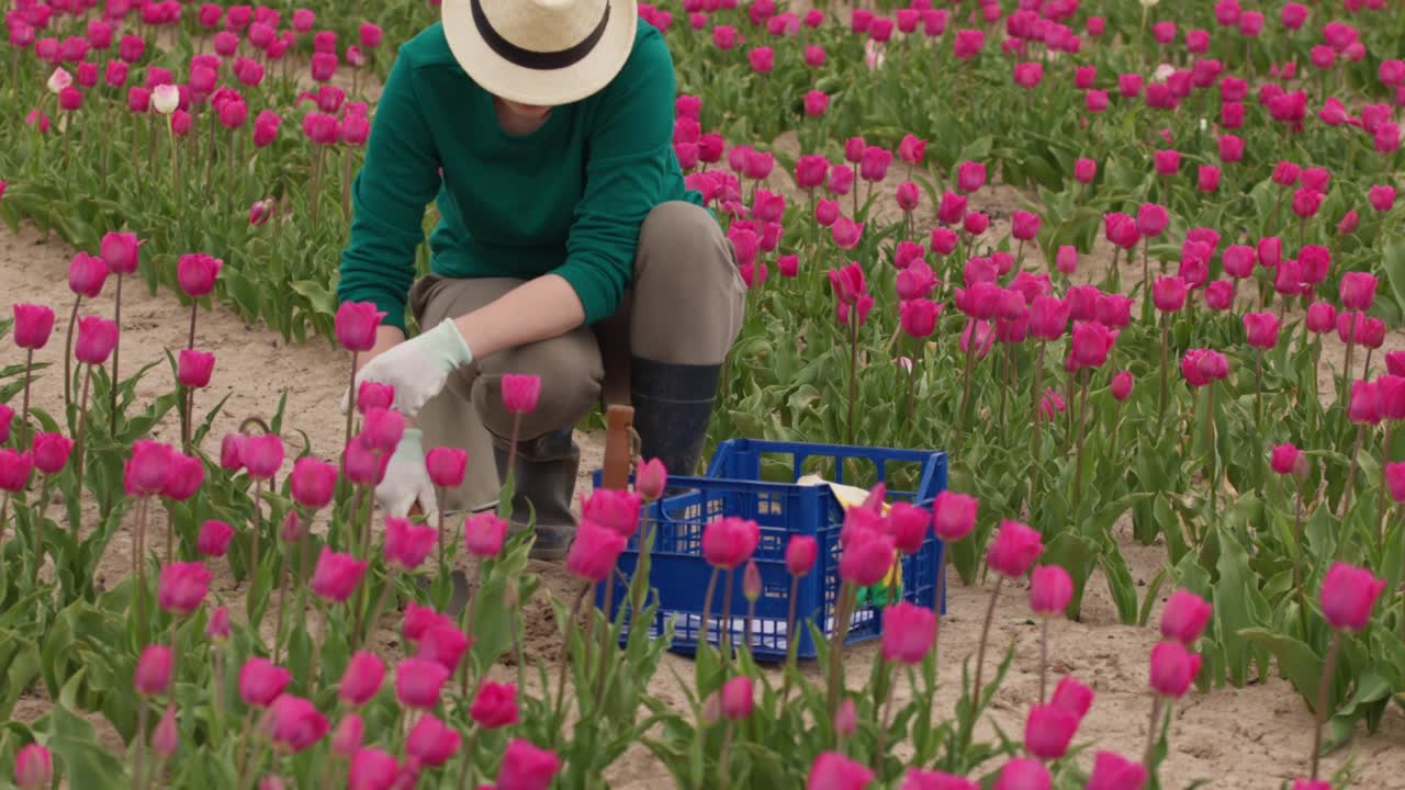 con i guanti da giardino che tagliano i gambi dei fiori di tulipano con le forbici da potatura nella piantagione