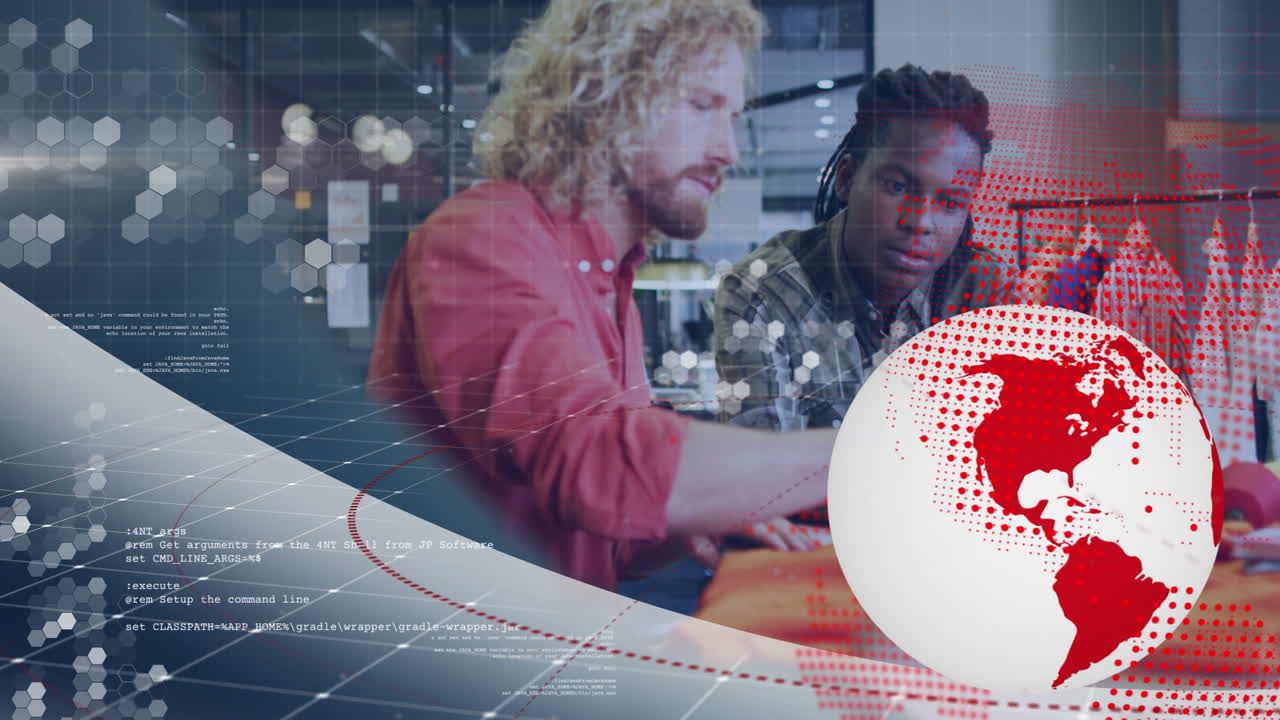 Two people collaborating at desk with digital globe and data overlay animation