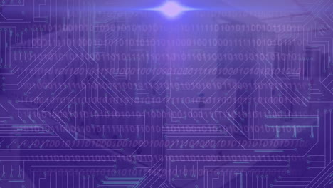 animación de punto de luz sobre conexiones de microprocesador y codificación binaria contra la sala de servidores