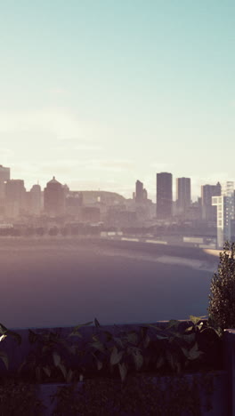 a view of a city skyline with lush greenery in the foreground.