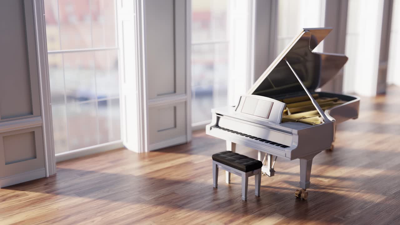 Elegante pianoforte a coda bianco in una stanza luminosa con grandi finestre.