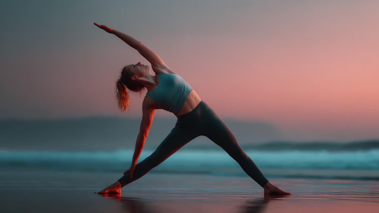 A Serene Yoga Practice on the Beach at Dusk: Embracing Peace and Balance While Connecting with Nature's Beauty and Harmony in a Tranquil Coastal Setting