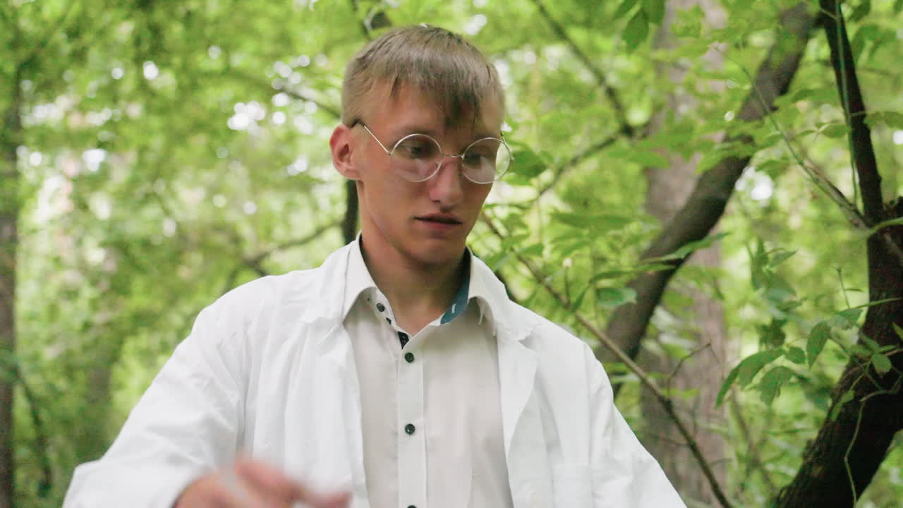 Young man in white coat and glasses carefully bringing out microscope from pocket while standing in green forest, preparing for outdoor scientific observation and ecological research