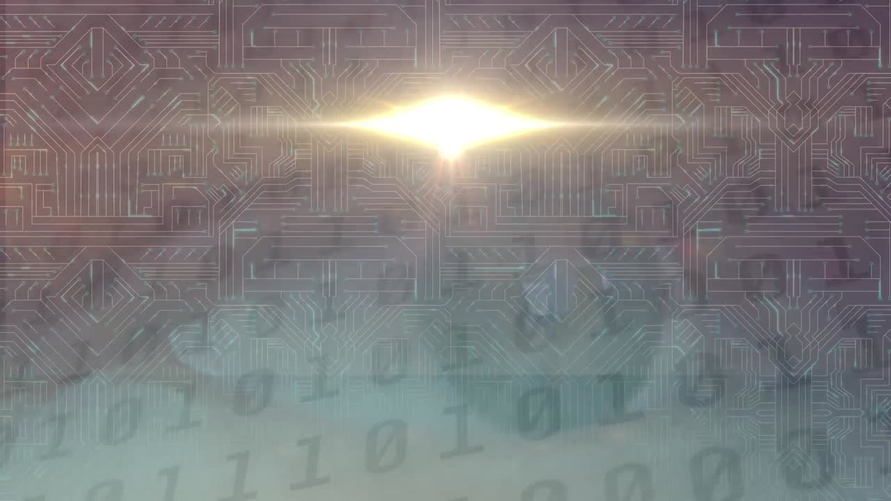 animación de codificación binaria, procesamiento de datos sobre una placa de circuito de computadora brillante