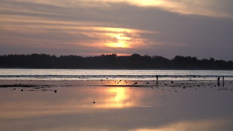 Sonnenuntergang-Spiegelt-Sich-Im-Nassen-Sand