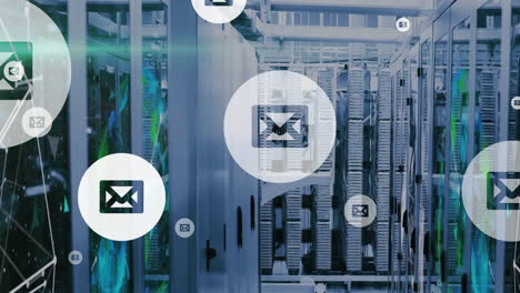 Animation-of-floating-email-icons-and-networks-over-computer-servers