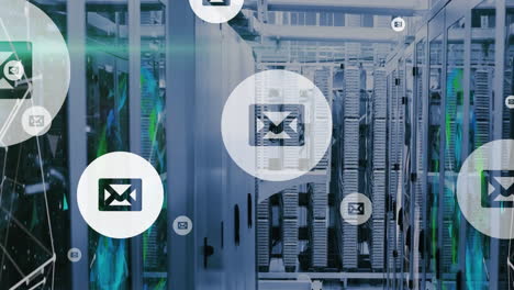 animation of floating email icons and networks over computer servers