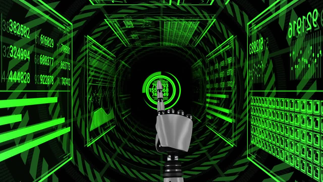Animation of data processing and robotic hand on black background