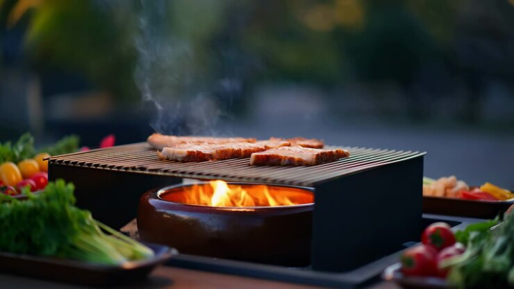 Wisps of smoke curl upward from browned meat resting on parallel grill bars while fire flickers below, with fresh vegetables framing close view in soft outdoor light against blurred green background.