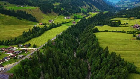 aerial view of a village in the swiss alps in lucerne, surrounded by lush green trees, on a field of grass at the base of mountains