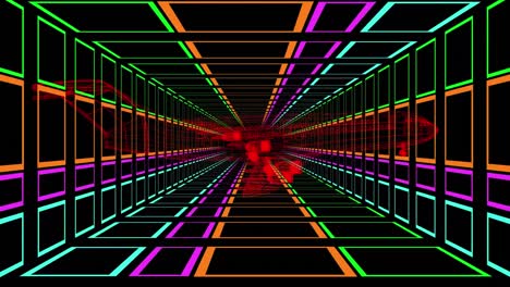 3d airplane technical drawing over tunnel of multi colored squares moving