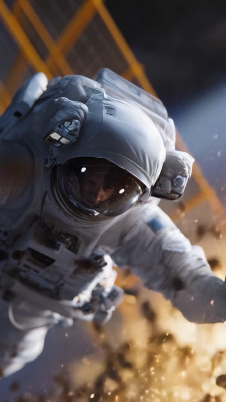 An astronaut in a space suit interacts with tools and debris in a low-gravity environment, showcasing the dynamic activity of space exploration and engineering