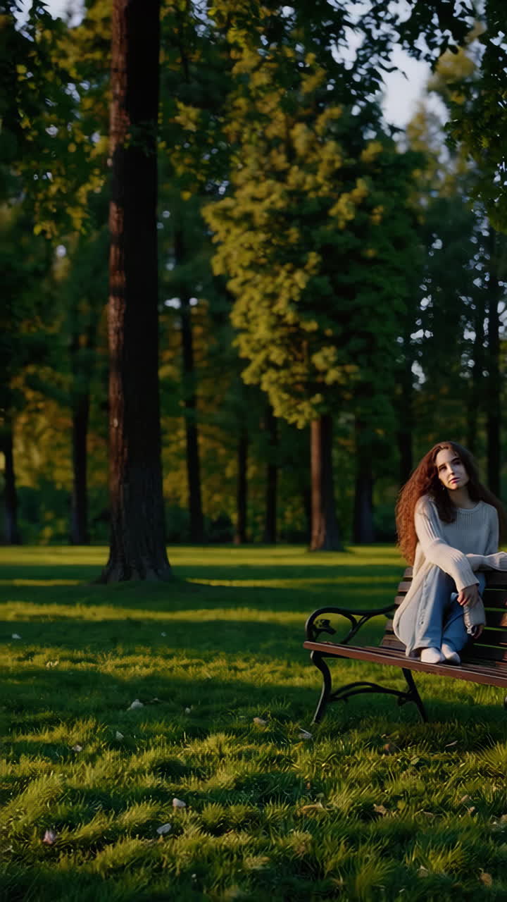 Woman Sitting on a Park Bench in Sunlight