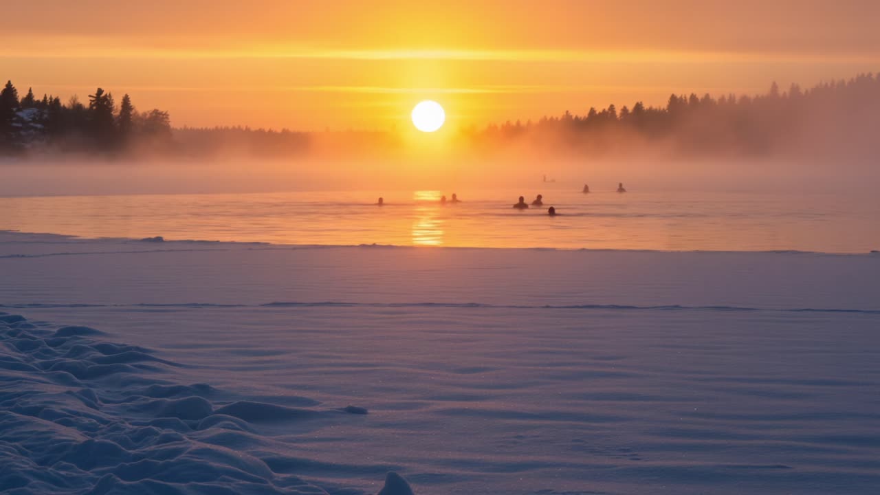 Breathtaking Winter Sunrise Over a Misty Lake, Featuring Silhouetted Swimmers Embracing the Icy Waters Amidst a Serene Snow-Covered Landscape