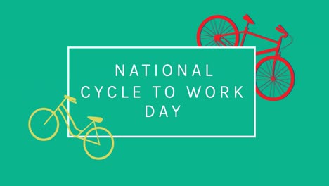 Animation-of-national-cycle-to-work-day-text-with-bicycle-icons-on-green-background