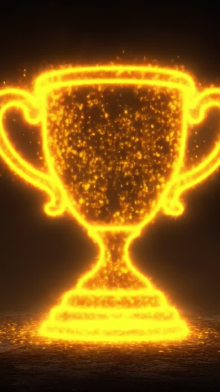 Un magnifico trofeo dorato che scintilla di energia e brillantezza, a simboleggiare successo e vittoria, irradiando gloria e successo su uno sfondo scuro.