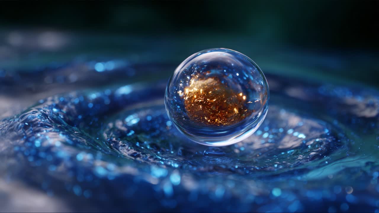 A Stunning Close-Up of a Floating Bubble Surrounded by Glittering Water Ripples, Capturing the Beauty of Light Reflections and Colorful Details
