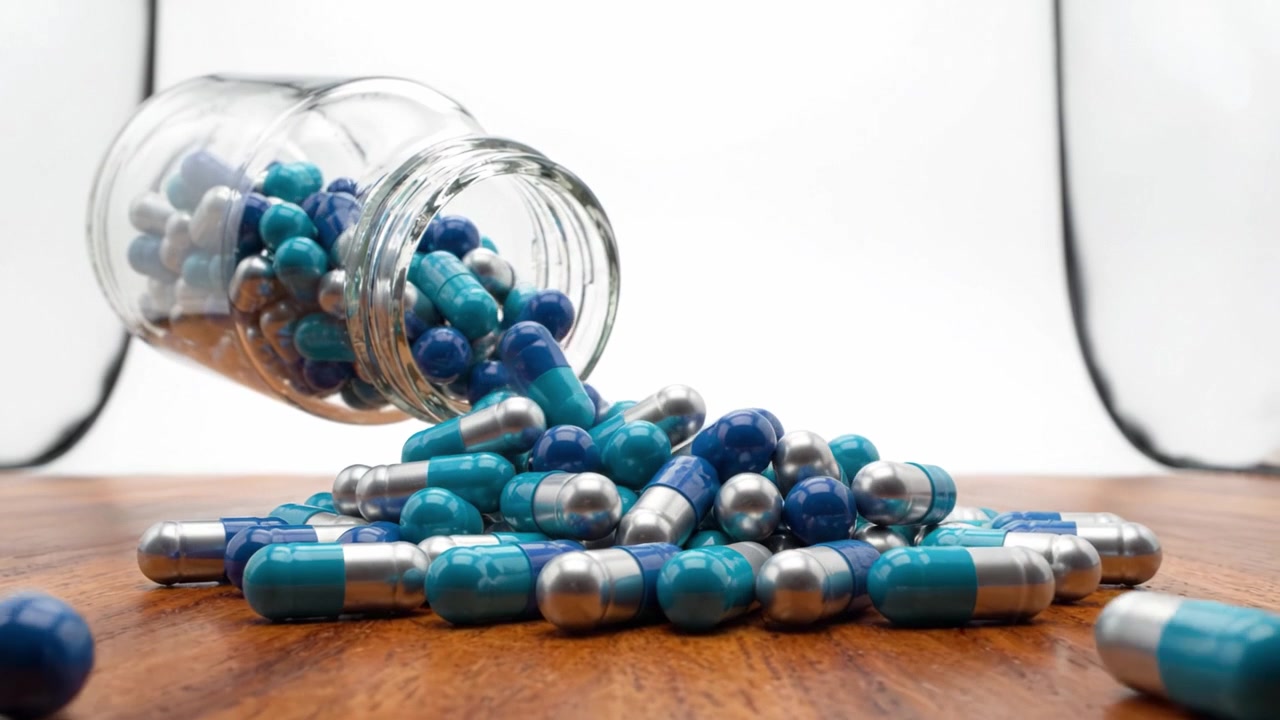 Un primo piano di un barattolo di vetro che rovescia capsule colorate su una superficie di legno, mettendo in mostra il design intricato e i colori vivaci dei prodotti farmaceutici.
