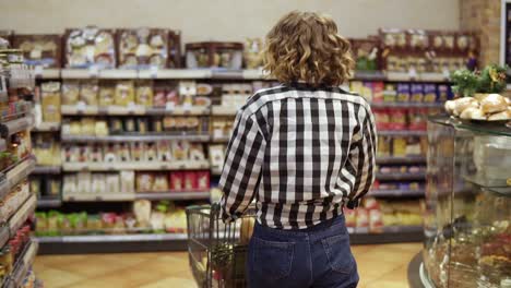 Rare-view-of-happy,-excited-woman-in-black-and-white-plaid-shirt-and-jeans-walks-shopping-with-trolley-cart---walk-by-a-row.-Slow-motion