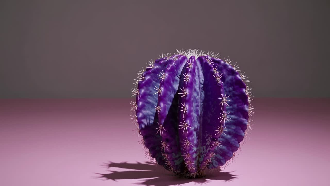 Vibrant, surreal image featuring a purple spherical cactus casting a distinct shadow on a pink surface against a muted gray backdrop, creating a striking contrast and minimalist composition