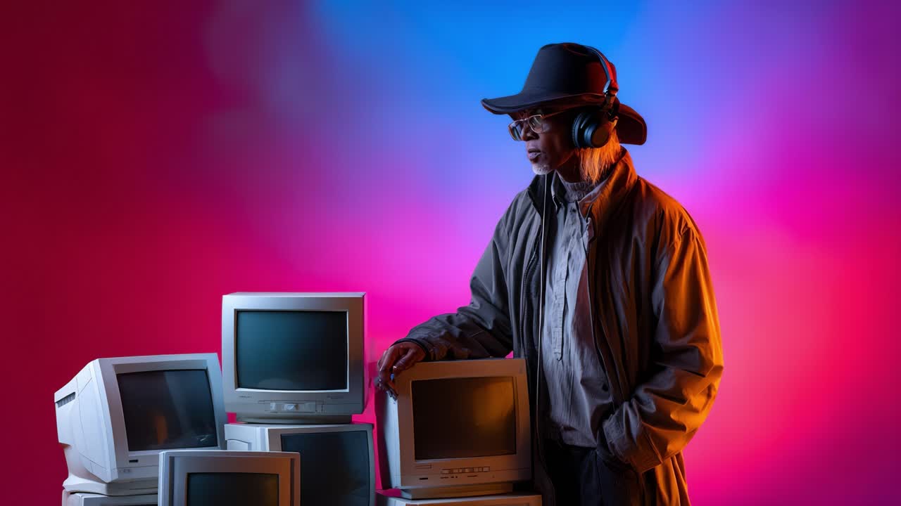 En kontemplativ man som bär hatt och hörlurar står bredvid vintage datorskärmar, upplyst av levande färgade ljus i en nostalgisk digital miljö.