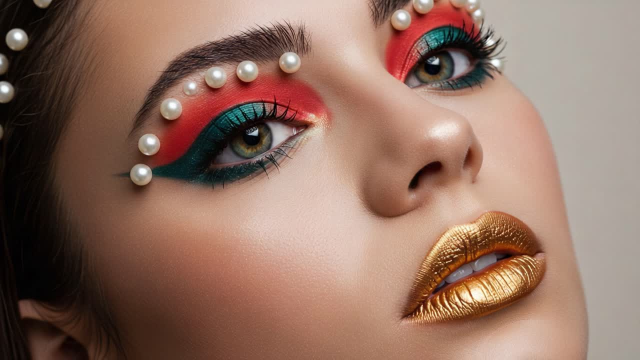 Stunning Close-Up of a Model with Bold Makeup Featuring Vibrant Red and Green Eyeshadow, Golden Lips, and Decorative Pearls for a Glamorous Look
