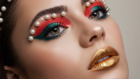 stunning close-up of a model with bold makeup featuring vibrant red and green eyeshadow, golden lips, and decorative pearls for a glamorous look