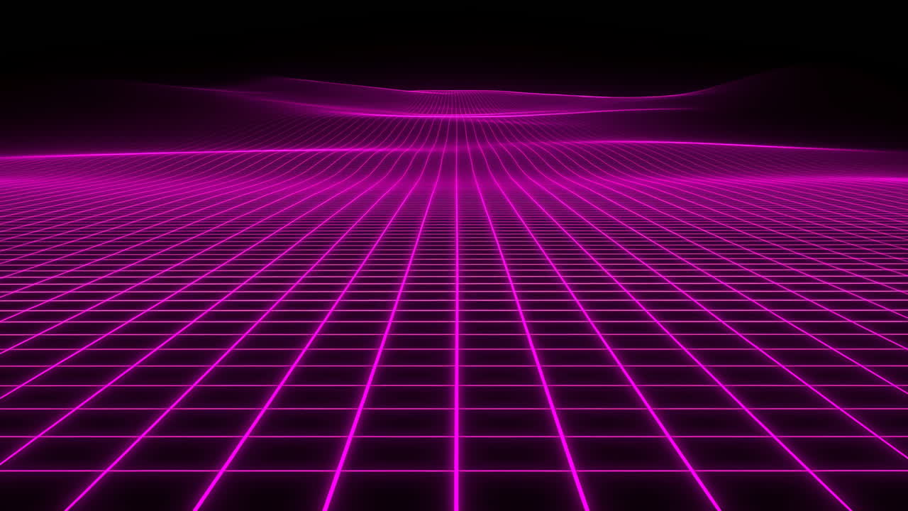 Griglia neon rosa retrofuturistica in movimento su sfondo nero