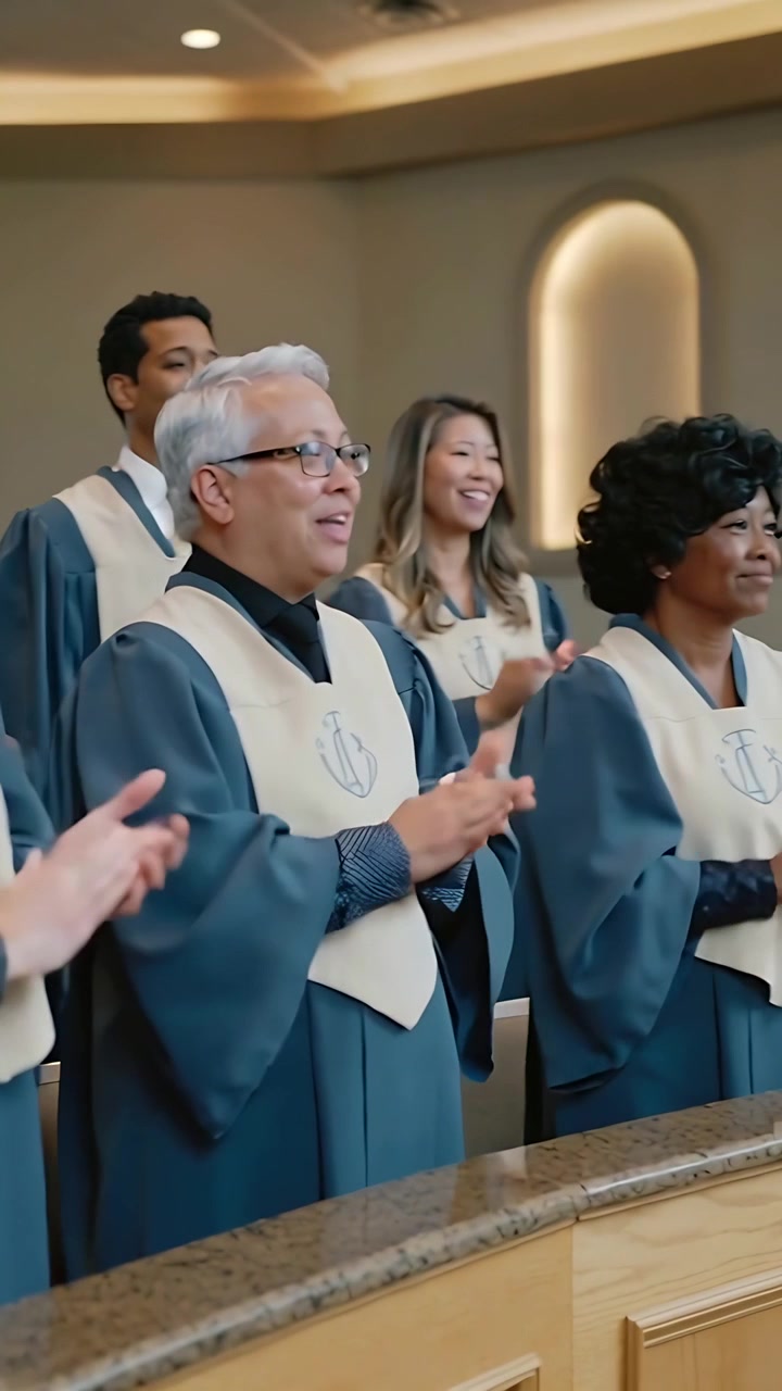 Vertical video: Camera panning right revealing choir members clapping past front rail, cream stoles
