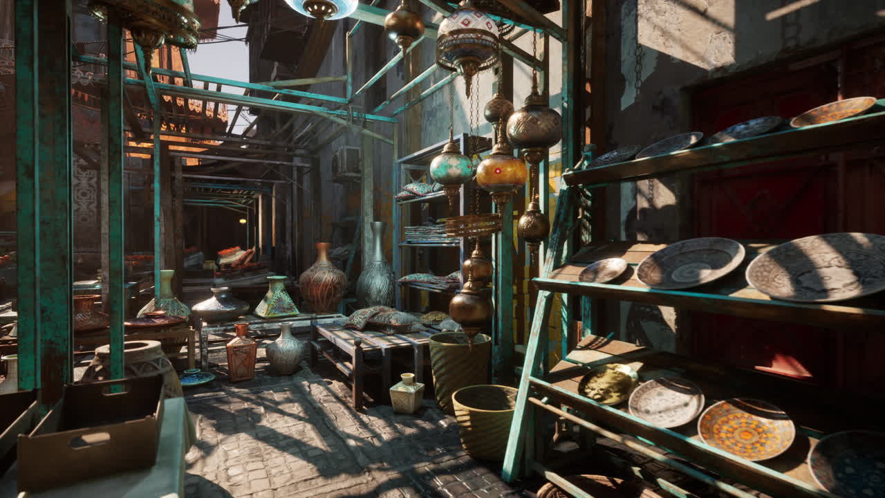 Twilight antique souk moody ceramic shop cinematic detail