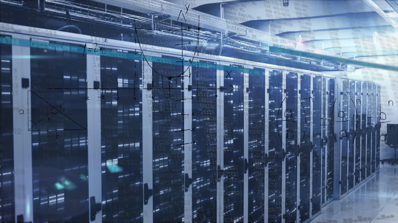 Animation of mathematical equations floating against mosaic squares over computer server room