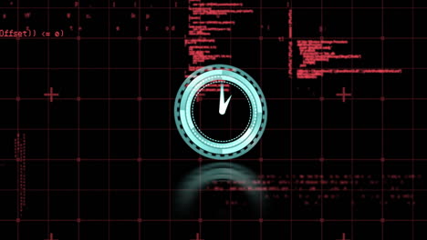 animation of clock over data processing on black background