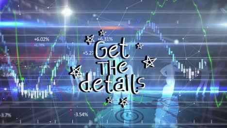 파란색 배경의 텍스트 및 데이터 처리의 세부 사항을 얻는 애니메이션