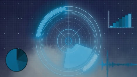 animation of round scanner and statistical data processing over grid network against blue background