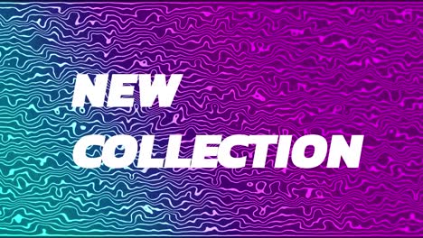 animación de la nueva colección en texto blanco con distorsión colorida sobre ondas rosas y azules