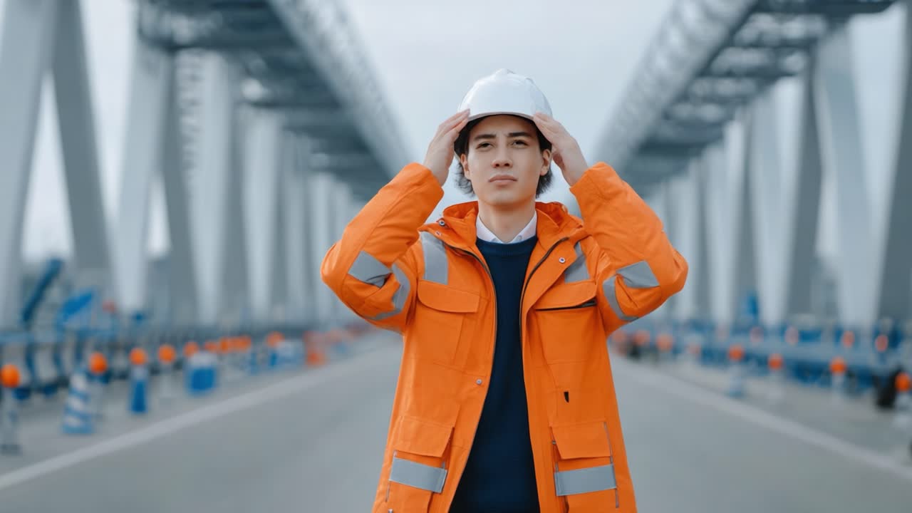 A determined young engineer stands confidently on a construction site, wearing safety gear and staring ahead, symbolizing resilience and commitment to innovation in infrastructure