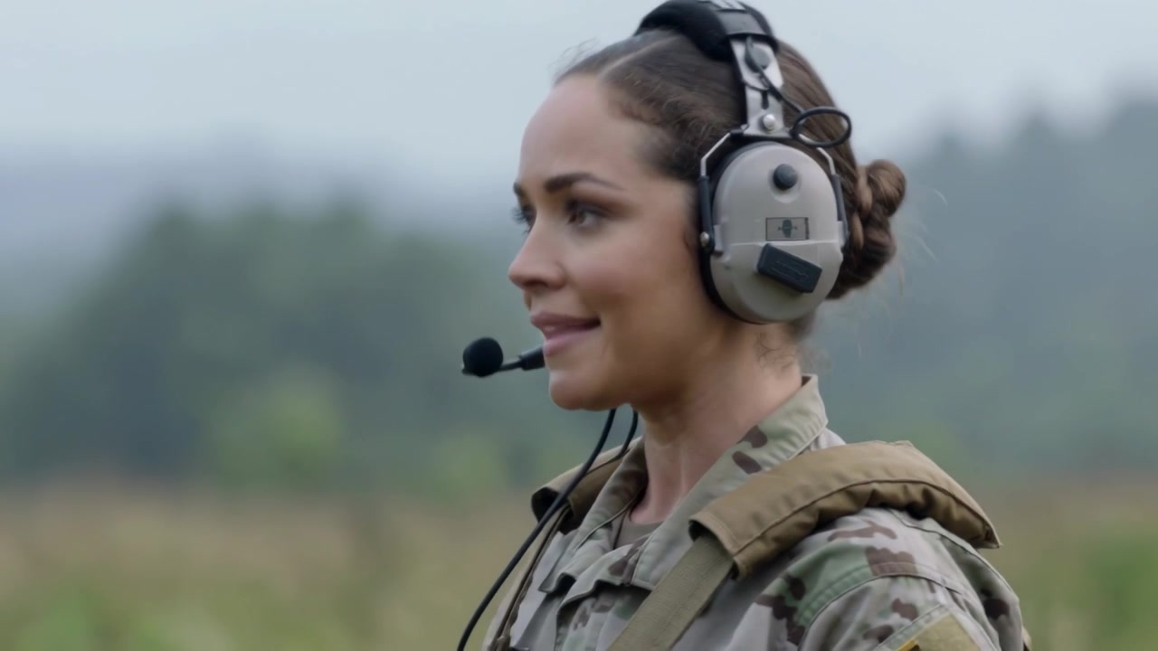 En kvinnelig soldat i kamuflasje hører et radioanrop, lytter og snakker inn i hodesettmikrofonen på et gresskledd felt.