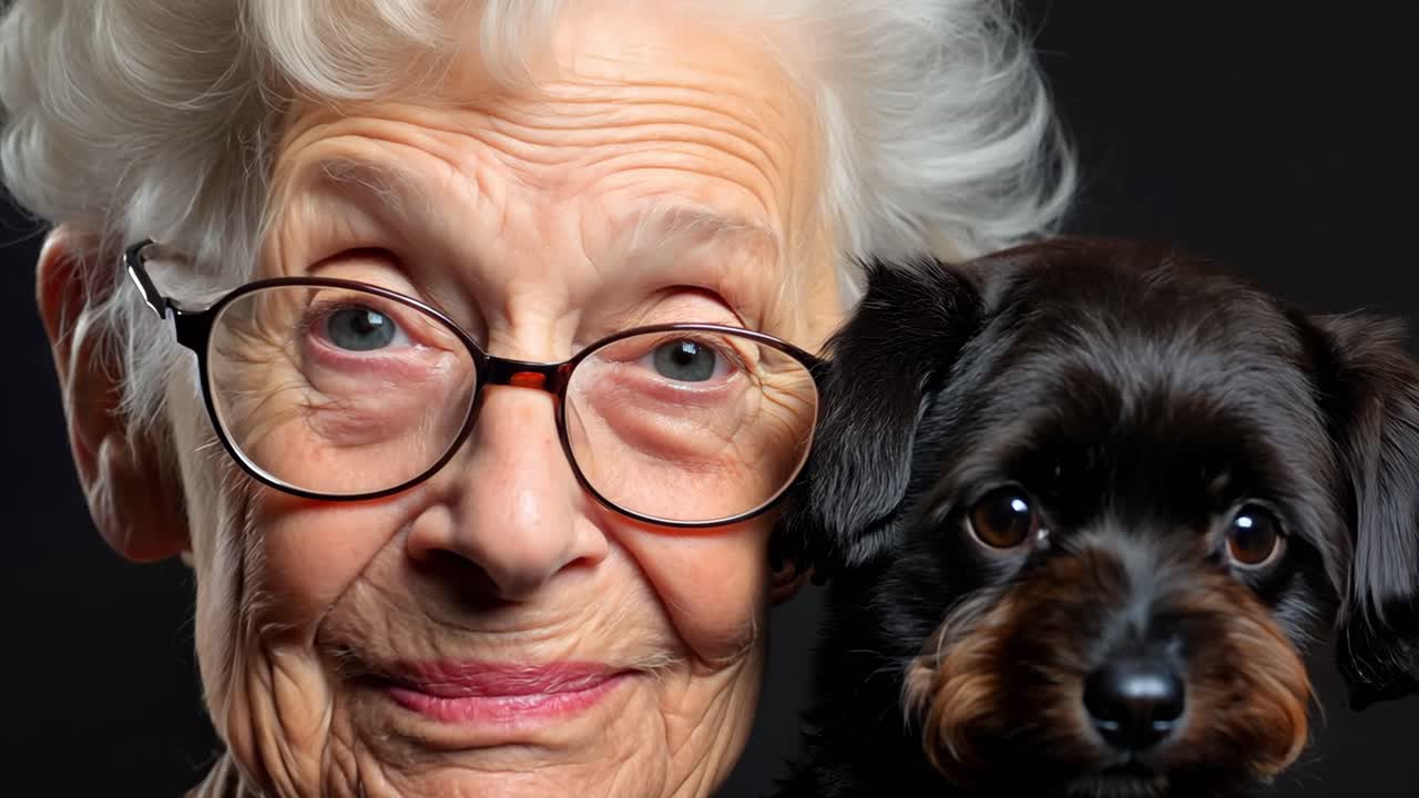 Heartwarming photographic series capturing senior woman's deep emotional connection with loyal black dog through intimate studio portrait collection against dark background