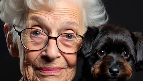heartwarming photographic series capturing senior woman's deep emotional connection with loyal black dog through intimate studio portrait collection against dark background