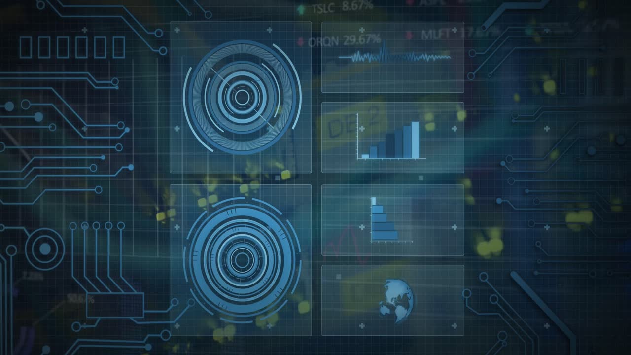 Digital interface with data processing over close up of computer server against blue background