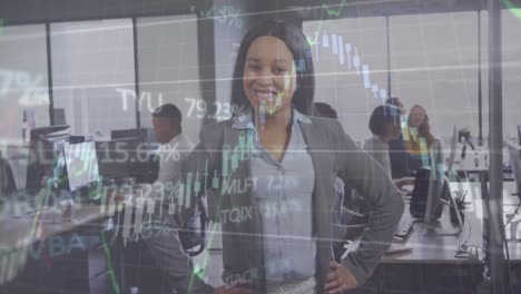 animation of financial data processing over african american businesswoman smiling at office