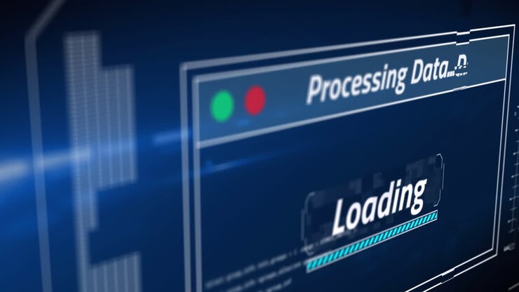 Digital animation of digital interface with data processing against blue background