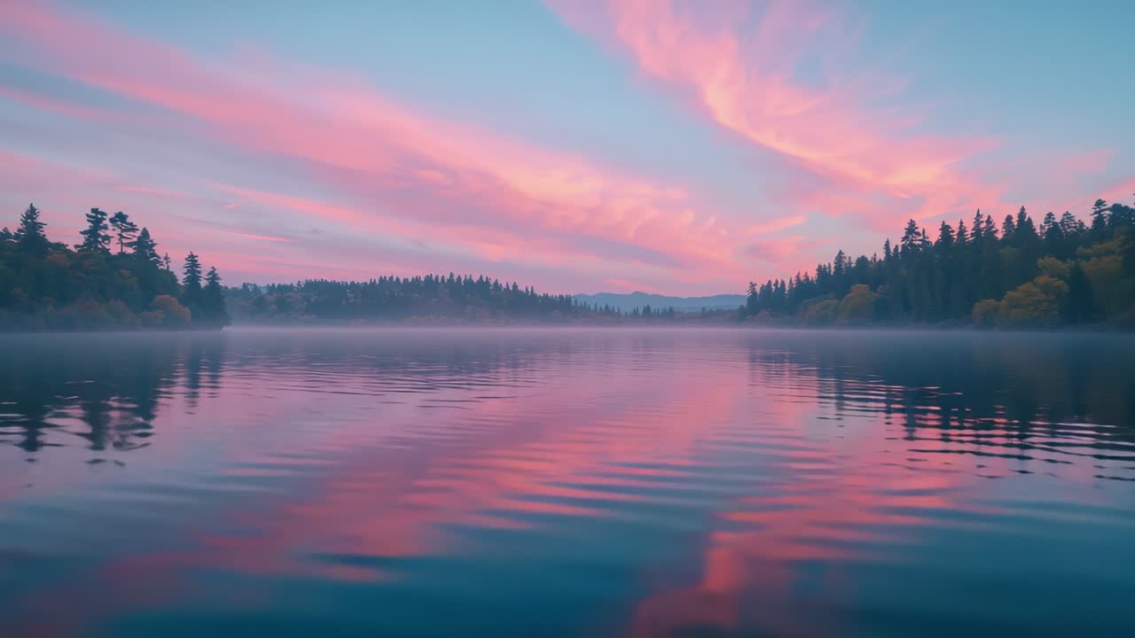 Dawn light casting over forest lake among conifer trees, holding mist, ripples, gliding clouds