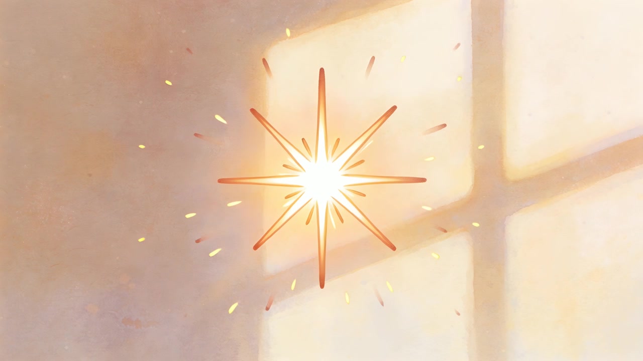 Animazione che mostra un'esplosione stellare pulsante, proiettando scintille su una parete calda in una stanza illuminata dal sole con l'ombra di una finestra.