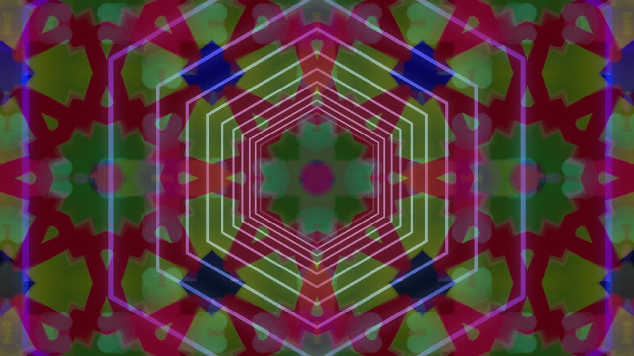 Múltiplas formas hexagonais movendo-se contra formas caleidoscópicas em movimento hipnótico