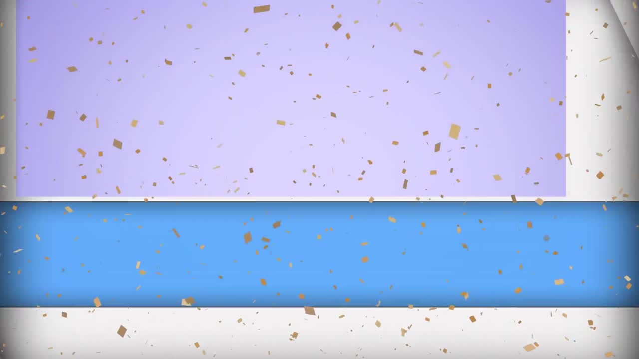 animación de paneles azules y blancos que se abren sobre confeti que caen sobre un fondo lila