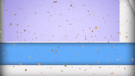 animación de paneles azules y blancos que se abren sobre confeti que caen sobre un fondo lila