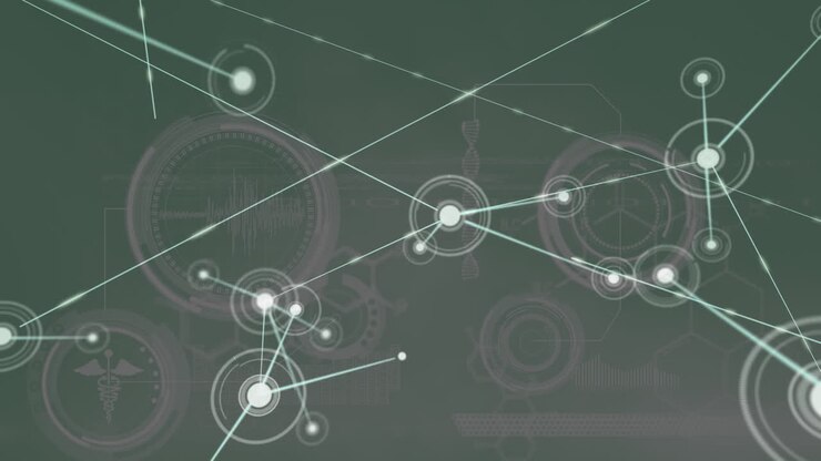 Animazione di rete di connessioni su elaborazione dati su sfondo grigio